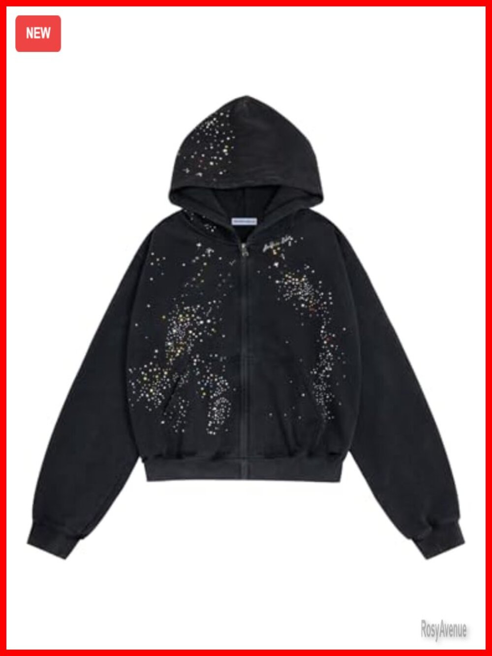 Rhinestone Star Zip Up Hoodie Oversized Unisex Cotton Sweatshirt Y2K Streetwear